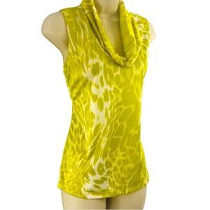 New York & Company Chartreuse Animal Print Top Stylish Cowl Neck Sleeveless